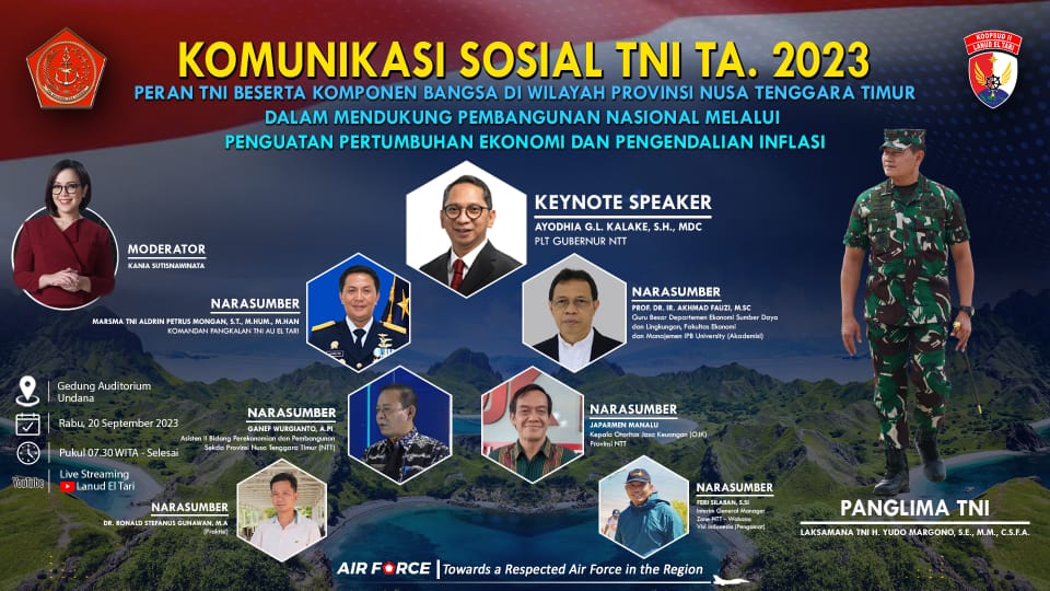 Pangkalan TNI AU (Lanud) El Tari Kupang menyelenggarakan acara Komunikasi Sosial (Komsos) TNI TA. 2023 di Auditorium Universitas Nusa Cendana (Undana) Kupang, pada Rabu (20/9/2023).